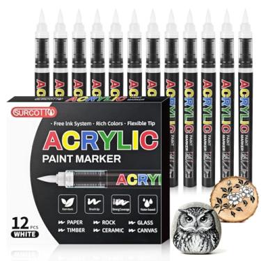 Imagem de Surcotto 12 marcadores de tinta acrílica branca, canetas e marcadores de ponta de pincel macio, canetas de tinta acrílica para madeira, pedra, tela, vidro, tecido, ovo, pintura rupestre e materiais de