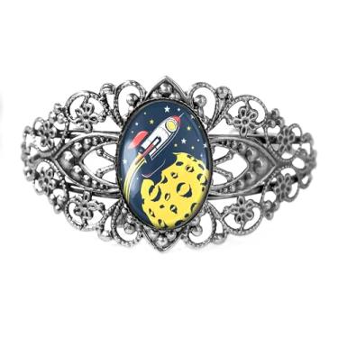 Imagem de Pulseira de filigrana retrô Rocketship - Nave espacial de brinquedo vintage, acessório de fantasia artesanal, bronze antigo prata ou preto, joias de vidro feitas à mão estilo vitoriano vintage - 761