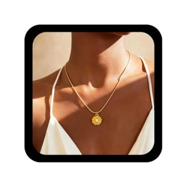 Imagem de Allereyae Colar vintage com pingente de margarida branca, colar floral esmaltado, colares florais minimalistas, corrente de espinha de peixe, girassol, joia feminina, Zinco, Sem Pedra Preciosa