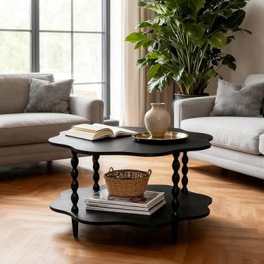 Imagem de Mesa de centro de 80 cm, mesa central de 2 camadas com prateleira de armazenamento para sala de estar, espaço pequeno, escritório doméstico, formato de flor, fácil de montar