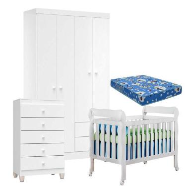 Imagem de Quarto De Bebê 4 Portas Com Gaveteiro Ternura Baby E Berço Lila Branco Brilho Com Colchão - Incorplac