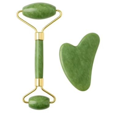 Imagem de Massageador Facial 2 em 1 Rolo de Jade + Pedra Gua Sha – Reduz Rugas, Inchaços e Estresse – Skincare Completo com Pedras Naturais, Estímulo à Circulação e Absorção de Séruns – Experiência SPA em Casa