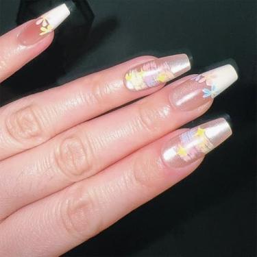 Imagem de Pregos de pressão médio longo caixão francês olho de gato cola falsa unhas com design de flor simples cobertura completa bastão falso artificial em unha de acrílico para mulheres, casamento, 24 peças