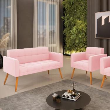 Imagem de Kit 1 Sofá Namoradeira e 1 Poltrona Elisa Suede Rosa Bebê Pés Palito C