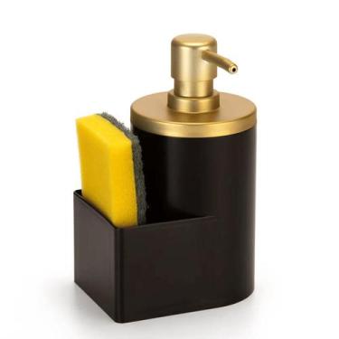 Imagem de Dispenser Porta Detergente Dosador 600ml Com Suporte p/ Esponja Preto 