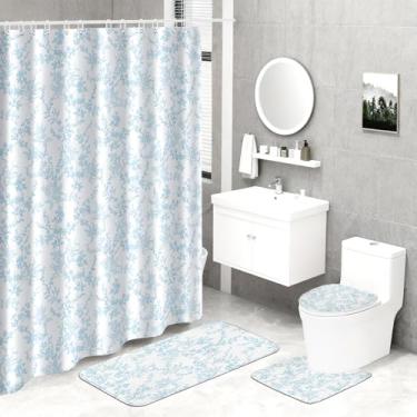 Imagem de Ksriylm Conjunto de 4 peças de cortina de chuveiro Blue Farmhouse, conjunto de decoração de cortina de banheiro com folhas de flores, inclui cortina de chuveiro à prova d'água, tapete antiderrapante