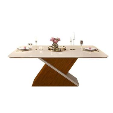 Imagem de Mesa p/ Cozinha Zafira c/ Tampo Madeirado c/ Vidro Curvo 200x100cm Fre