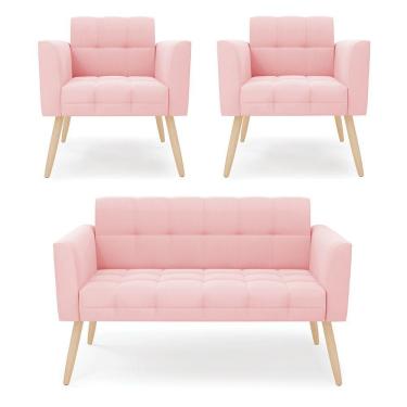 Imagem de Kit 1 Sofá Namoradeira E 2 Poltronas Elisa Suede Rosa Bebê Pés Palito Natural - D'rossi