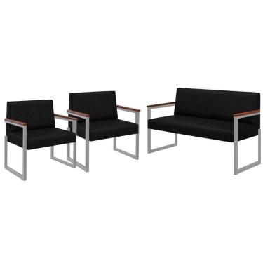 Imagem de Conjunto Sofá 2 Lugares E 2 Poltronas Niterói Couro Preto Em Metal Champanhe