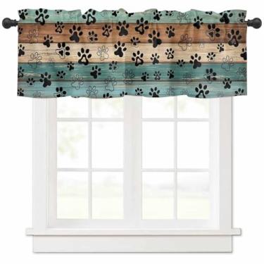 Imagem de Cortina de sanefa fofa gato patas cortina de cozinha para janela rústica azul-petróleo marrom madeira haste bolso sanefa cozinha tratamento de janela para quarto sala de estar 107 x 30 cm