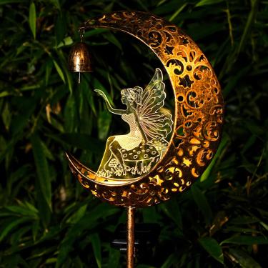 Imagem de HDNICEZM Estatueta solar de fada e lua, à prova d'água, estacas de jardim, decorações de jardim ao ar livre para gramado, pátio, quintal, caminho, enfeites de inauguração de casa, ideias de presentes