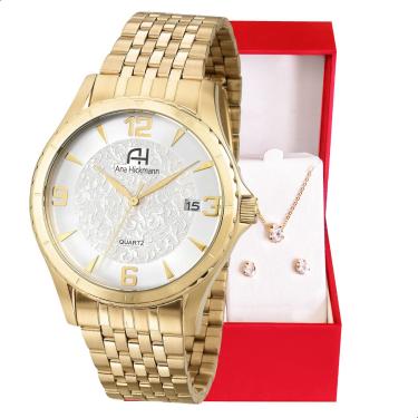 Imagem de Kit Relógio Feminino Champion Analógico Ana Hickmann Dourado Analógico AH28964H Calendário Colar e Brincos