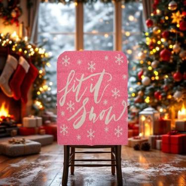 Imagem de 1 capa para cadeira de jantar, padrão de floco de neve, linho sintético, rosa, 57 x 46 cm