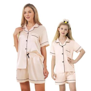 Imagem de Conjunto de pijamas QZH.DUAO de cetim sedoso de manga curta para mulhe