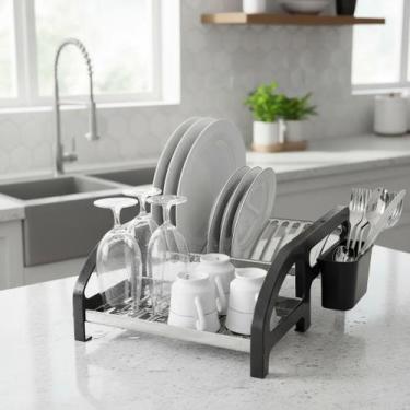 Imagem de Escorredor de Louça 12 Pratos Preto em aço Inox Cama com Porta Talher 