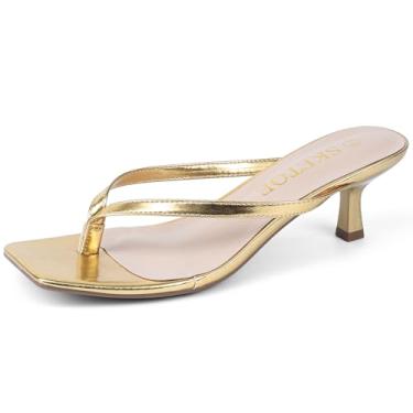 Imagem de SKETOE Sandálias femininas de salto gatinho com bico quadrado, chinelos de dedo quadrado, sandálias de salto confortável de verão de 5 cm, Dourado, 38