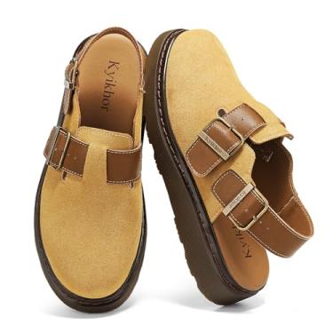 Imagem de KYIKHOR Mocassim feminino de camurça sem cadarço|Tamancos de camurça genuína para mulheres|Palmilha confortável de couro Mules sapatos de batata com alça traseira | Sapatos sociais casuais de
