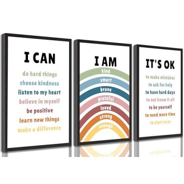 Imagem de 3 peças de arte de parede em tela de afirmações infantis arco-íris berçário afirmações positivas citações inspiradoras pintura infantil decoração de parede pôster impressão arte para sala de aula