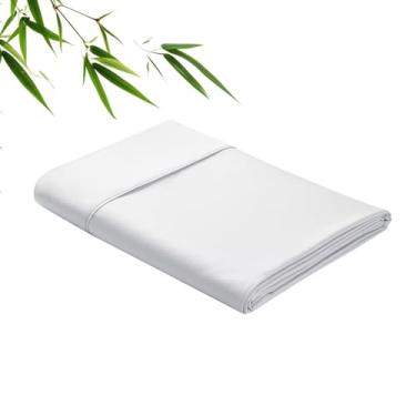 Imagem de Apenas lençóis planos de viscose de bambu, tecido de cetim de 400 fios, tamanho TwinXL, resfriamento macio de luxo para pessoas com sono quente, respirável e sedoso (branco, solteiro)