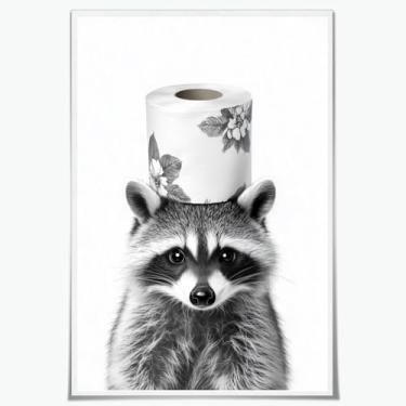 Imagem de Quadro de decoração de parede de banheiro preto e branco pôster de arte de parede de banheiro papel higiênico em pequenos guaxinins engraçados pintura em tela animal para banheiro estética sem moldura