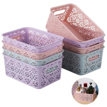 Imagem de Conjunto de 8 cestas de plástico empilháveis, caixas de armazenamento decorativas com alças, padrão floral para escritório, escola e banheiro