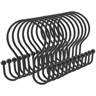 Imagem de Ganchos de cortina de chuveiro, ganchos de chuveiro de metal resistente à ferrugem para varões de chuveiro de banheiro - Conjunto de 12 ganchos (preto)