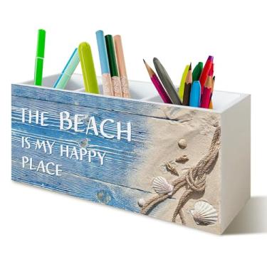 Imagem de YTRGI Porta-canetas de praia litorânea para decoração de casa, escritório, cozinha, mesa, porta lápis de madeira, organizador de sinalização para acessórios de mesa de escritório em casa, presentes