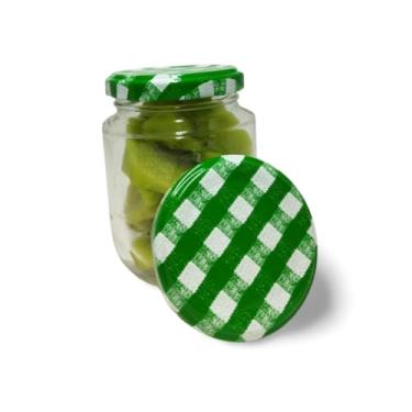 Imagem de Pote Vidro Pequeno, Kit Potes de Vidros 240ml Belem para Geleias Doces Conservas Tampas Metálicas Lacres(12,Xadrez Verde)