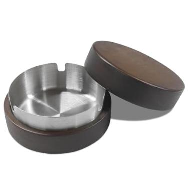 Imagem de DUSCOKE Cinzeiro portátil para carro com tampa à prova de vento, porta-copos para cigarros autoextinguível sem fumaça, mini lixeira, cinzeiro de madeira removível de aço inoxidável para escritório em