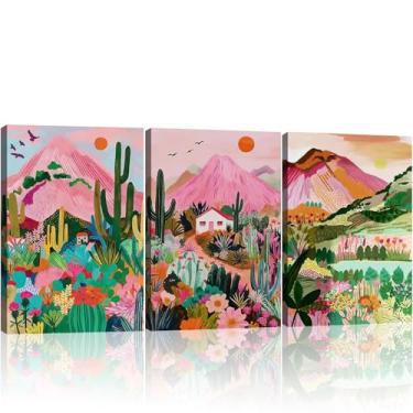Imagem de 3 peças emolduradas boho colorido montanha arte de parede aquarela cacto flor silvestre decoração de parede abstrato natureza dopamina pôster impressões de imagem sala de estar quarto escritório