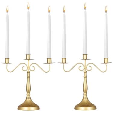 Imagem de Suporte de vela de candelabro dourado de 2 peças, peças centrais de 3 braços para casamento e festa, altura de 12,6 para decoração de Natal e feriado