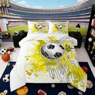 Imagem de Erosebridal Jogo de cama de futebol, solteiro, preto, branco, futebol, para meninos, meninas, crianças, adolescentes, bola esportiva, jogos, edredom com tinta amarela, pinceladas, pinceladas