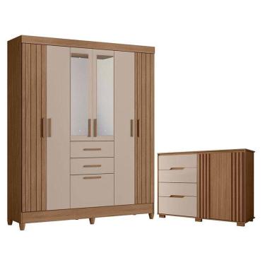 Imagem de Guarda Roupa Solteiro Malta Com Espelho E Cômoda Texas Carvalho Fendi - Moval