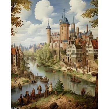 Imagem de WUIVCTR Kits de pintura em estilo arquitetônico medieval por números para adultos, cidade pequena, pintura a óleo por números, artesanato, presentes para Natal, aniversário, 40 x 50 cm