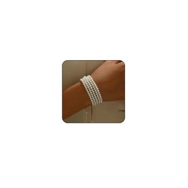 Imagem de ONBRIG Pulseiras de pérolas para mulheres, bijuterias, pulseiras em camadas, cordão ajustável, acessórios de joias de pérolas, Large, Metal, Sem Pedra Preciosa