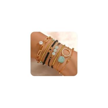 Imagem de Conjunto de 7 pulseiras de corrente de pérolas douradas com contas para mulheres, boêmia, irregular, pedras, barrocas, pérolas, pretas, presentes, joias modernas, Large, Liga de aço, Sem Pedra