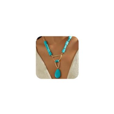 Imagem de DZSYJKTM Gargantilha vintage turquesa em camadas de ouro moderna com contas quadradas grandes em forma de gota turquesa, pingente de corrente para mulheres, boêmio, joia ocidental, presente, One Size