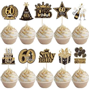 Imagem de Pacote com 40 topos de cupcake Happy 60th Birthday Double Sided Sixty Hello 60 Straight Outta 1966 palhetas de cupcake vintage 1966 cerejas a 60 anos decorações de bolo para artigos de festa de