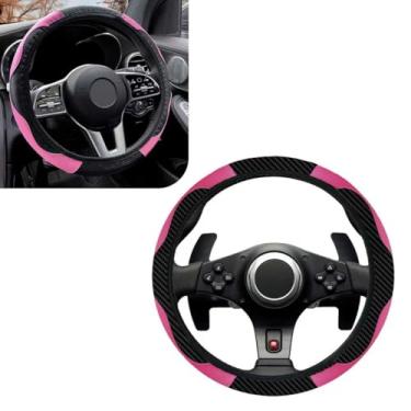 Imagem de HHZL Capa de volante rosa e preta, conjunto de capas protetoras de volante de carro de fibra de carbono de 38 cm, acessórios universais de carro para mulheres e homens, respirável e antiderrapante