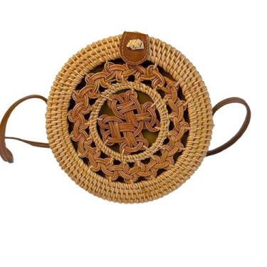 Imagem de Laeuokie Bolsa feminina de palha redonda: Rattan tecido à mão, cesta transversal de vime. Tecido para praia, férias, uso diário., Fivela de couro de renda 07, 7.1" (L) * 3.1" (W) * 7.1" (H)