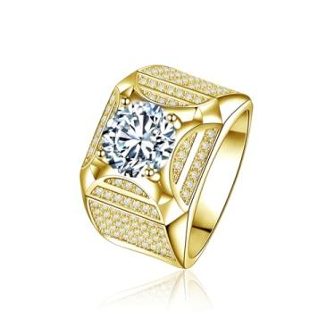 Imagem de HSQYJ Aliança de casamento de zircônia cúbica redonda banhada a ouro/prata com pedras preciosas de cristal de zircônio de luxo para homens anel de festa de noivado para homens, joias modernas