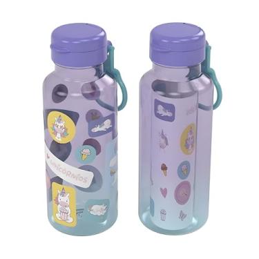 Imagem de Garrafinha De Água Infantil Com Cartela de Adesivos Personagens Squeeze Garrafa Abre Fácil 600ml (Unicórnio | Unitário)