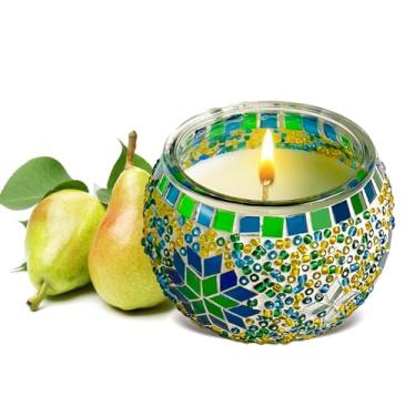 Imagem de Vela perfumada em frasco de mosaico de vidro médio, vela artesanal de cera de soja de pera e frésia para mulheres e homens, decoração de casa, sessões de spas, ideia de presente, tempo de queima de 36