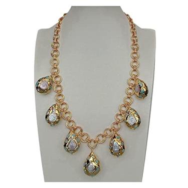 Imagem de URMIBDAI Colares femininos de 53 cm fichas de larimar azuis, corrente de elos banhados a ouro, festoon, moeda branca, colar com pingente de pérola de água doce