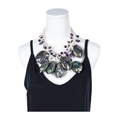 Imagem de URMIBDAI Colares femininos joias 3 fios pérola branca roxa ametista abone concha declaração colar para mulheres