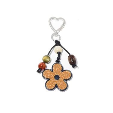 Imagem de AIETUE Chaveiro de flor para mulheres, flor de pêssego, coração, couro, dourado, contas, cristal, aço inoxidável, berloque, acessórios para presente (flor marrom)