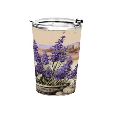 Imagem de Blueangle Copo de 340 g com tampa e canudo, copo de café com água isolada a vácuo de aço inoxidável, caneca de viagem de lavanda vintage, copo térmico para bebidas quentes e frias (993)