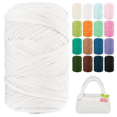 Imagem de Fio de camiseta 130 jardas de crochê para iniciantes 400 g tecido elástico fios de camiseta grossa para crochê, sacos de tricô, cestas, tapetes, porta-copos, artesanato DIY, decoração de casa (branco)