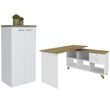 Imagem de Mesa Escrivaninha Em L Golden E Armário Alto 2 Portas Tok A06 Olmo-branco - Mpozenato