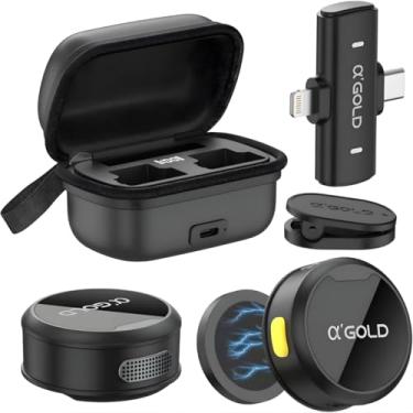 Imagem de Kit 2 Microfones de Lapela aGold - Profissional - Com Imã Sem Fio + Case de Carregamento - Bluetooth - Redução de Ruído Até 12 Horas Autonomia a Compatível com Camera, iPhone, Android e USB-C.